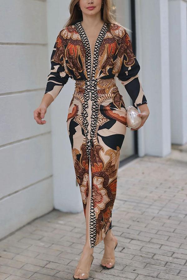 Unique Print Dolman Long Sleeve Ruched Slit Midi Dress