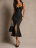 Retro Elegant Charcoal Pinstripe Lace Midi Dress