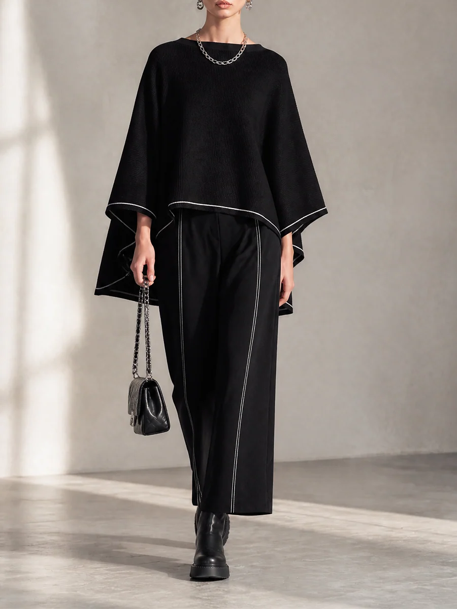 Elegant color-block piped cape top and wide-leg trousers set