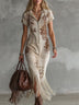 Western-style Vintage Floral Off-white Faux Suede Hooded Tassel Maxi Dress