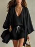 White Loose Cardigan And Drawstring Shorts Three-piece Set