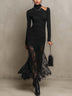 Women Mock Neck Cut‑Out Shoulder Long Sleeve Ruched Knit Lace Mermaid Hem Maxi Bodycon Dress