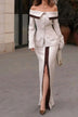 Elegant off-the-shoulder blazer and color-block slit skirt set