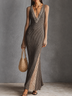 Mixed Ribbed Knit Maxi Dress,Deep V Neck Lace Mesh Long Sleeve High Slit Bodycon Evening Dress