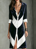 Navy Velvet Color‑Block Shirt Midi Dress,Collared Button Front Geometric Patchwork 3/4 Sleeve Dress