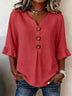 Solid V-Neck Button Ruffle Half Sleeve Casual Top
