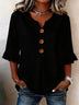 Solid V-Neck Button Ruffle Half Sleeve Casual Top