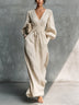 Beige Textured V-Neck Lantern Sleeve Smocked Waist Side Pocket Maxi Dress