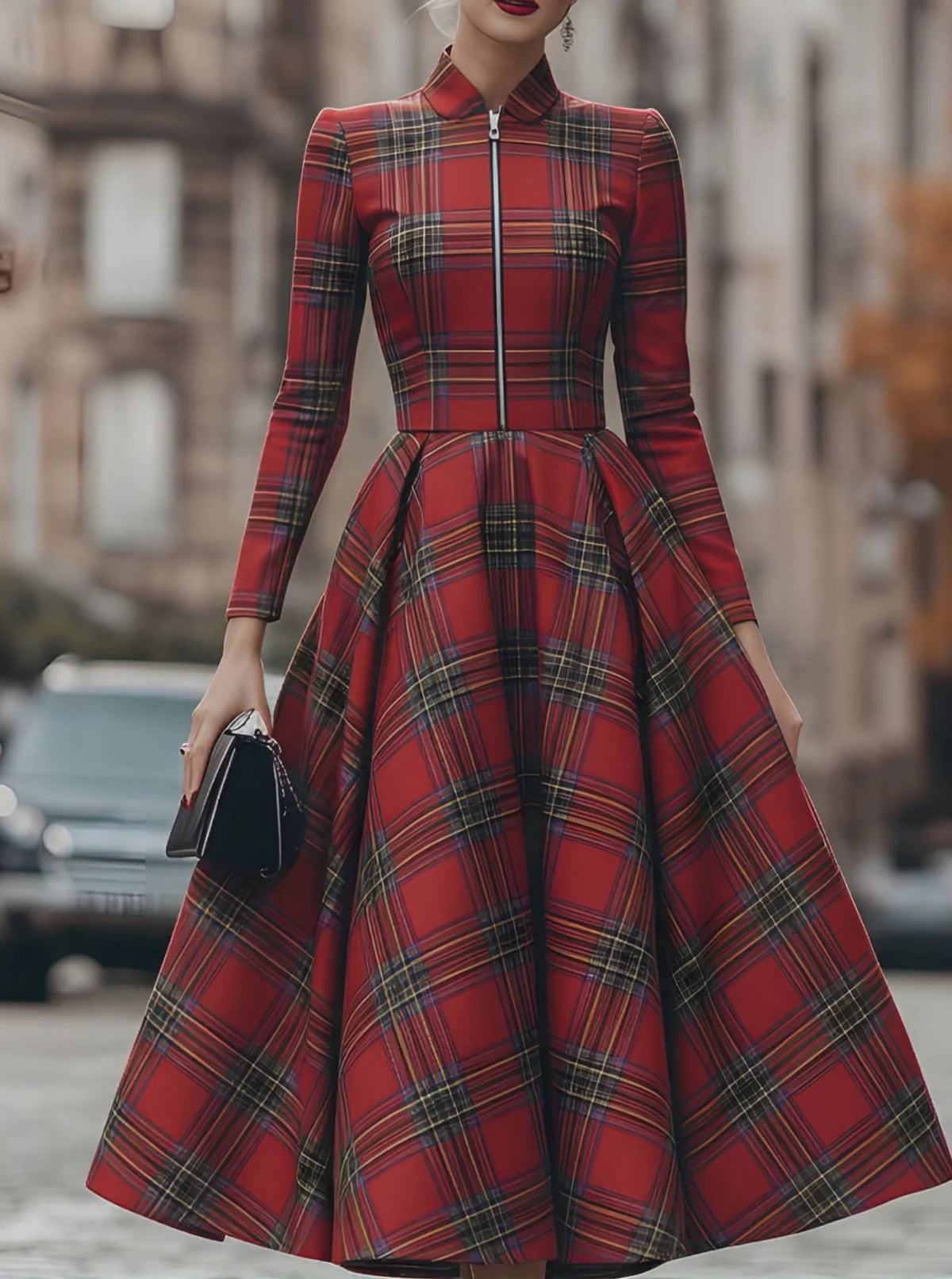 Elegant and classic plaid zipper long-sleeved dress