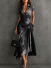 Grey Black Abstract Print Wrap Midi Dress Collared V Neck Short Sleeve Tie Waist Ruffled High‑Low Hem Dress
