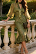 Elegant green V-neck sheer top and printed skirt set with lace hem