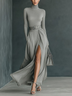 Grey turtleneck long-sleeved top and slit skirt set (including belt)