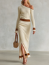 Ivory Off Shoulder Ribbed Knit Maxi Dress with Contrast Trim