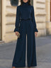 Elegant Navy Blue Turtleneck Bell Sleeve Top and Wide Leg Pants Set