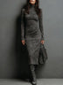 High Neck Long Sleeve Suede Midi Dress