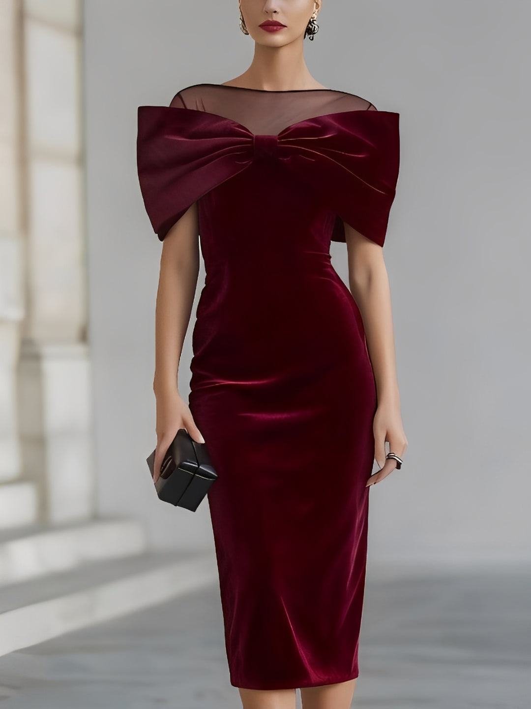 DRAMATIC BURGUNDY VELVET BOW MIDI DRESS