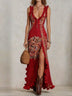 Red Bohemian Printed Dress with Deep V-Neck and High Slit