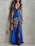 Blue Bohemian Printed Dress with Deep V-Neck and High Slit