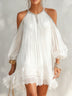 White Off-Shoulder Ruched Mini Dress with Lace Hem