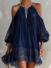 Navy Off-Shoulder Ruched Mini Dress with Lace Hem