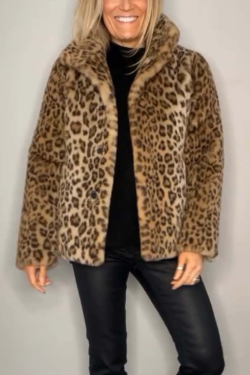 Leopard Print Collar Faux Fur Short Coat