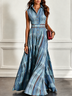 Women Sleeveless Shirt Collar Button Front A‑Line Printed Floor‑Length Dress