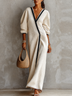 Women Beige Linen Blend V‑Neck Wrap Black Contrast Trim Lantern Sleeve Maxi Dress