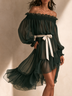 Women Dark Green Off‑Shoulder Long Sleeve Chiffon Bow Sash High‑Low Ruffle Midi Dress