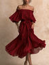Women Burgundy Off‑Shoulder Ruffle Tie Waist Tiered Flowy Chiffon Dress