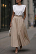 Women Padded Shoulder Sleeveless White Blouse & Beige Pocketed High Waist Dress 2 Piece Set