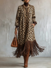 Leopard Print Fringe Hem Long Sleeve Midi Dress