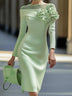 Round Neck Off Shoulder 3D Flower Midi Dress