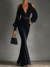 Navy Velvet Cold Shoulder Mermaid Maxi Evening Dress Without Belt