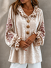 Apricot Velvet Ruffle V Neck Blouse Floral Embroidery Lantern Long Sleeve Top