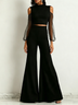 Black Cold‑Shoulder Dotted Mesh Puff Sleeve Crop Top & High Waist Super Flare Pants Two Piece Set
