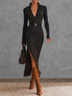 Women Wrap Long Sleeve Midi Dress, Striped Metallic Slit Bodycon Dress