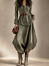 Olive Green Linen Two Piece Outfit V Neck Long Sleeve Top & Lantern Wide Leg Maxi Skirt Set