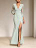 Teal Mermaid Evening Dress, V‑Neck Lace 3/4 Sleeve High Slit Long Formal Gown