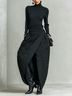 Black Turtleneck Rib Knit Top & Wrap‑Around Embossed Floral Maxi Skirt Two‑Piece Set