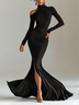 Off-Shoulder High-Neck Fitted Slit Mermaid Bodycon Maxi Dress