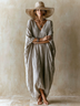 Loose-Fitting Linen Cocoon-Style Batwing-Sleeve Maxi Kaftan Dress
