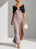 Satin Jacquard Off Shoulder Black Shawl Flower Slit Maxi Evening Dress