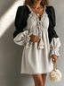 Color-Block Lettuce-Edge Puff Sleeves Tassels Mini Dress