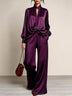 Womens Satin Stand Collar Button Down Shirt High Waist Wide Leg Trousers Luxury Purple Two Piece Set Outfit