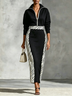Black Zebra Color Block Half Zip Collar Top High Midi Skirt Set