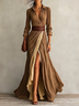 Women Wrap Collared Long Sleeve Maxi Dress, Color Block Slit Flowy Maxi Dress