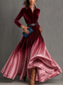 Women Ombre Velvet Shirt Collar Long Sleeve Belted Pleated Flowing Floor‑Length Maxi Evening Gown Dress