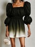 Olive Green Ombre Gradient Square Neck Puff Sleeve Elastic Waist Mini Dress
