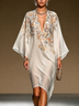 Beige Floral Print Chiffon Caftan Dress Deep V Neck Batwing Sleeve Asymmetric Hem Flowy Midi Dress