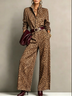 Leopard Print Button Front Long Sleeve Wide Leg Jumpsuit